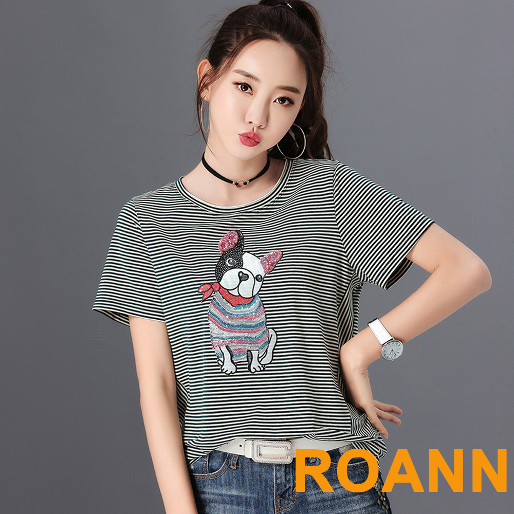 圓領條紋鬥牛犬短袖T恤 (共三色)-ROANN