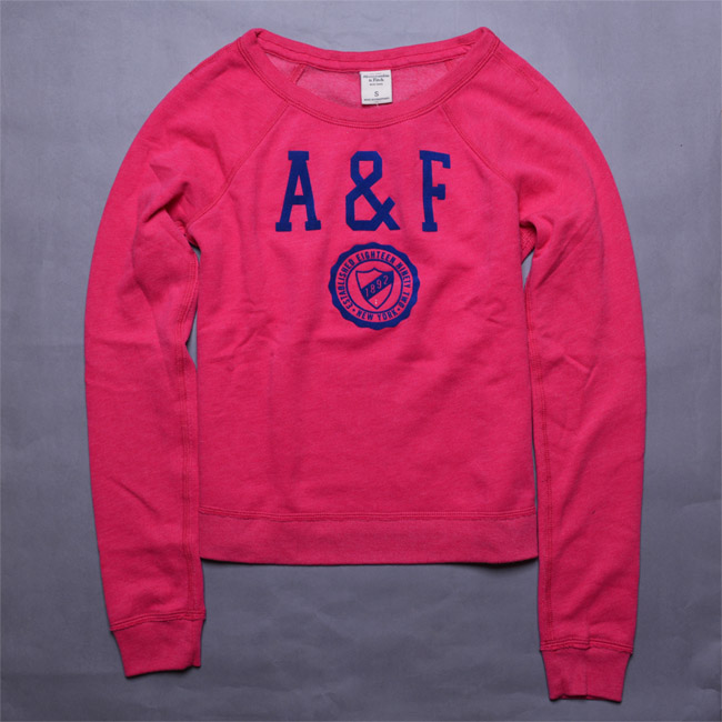 A&F Abercrombie &Fitch寶藍絨字1892徽章內刷毛T恤-桃紅