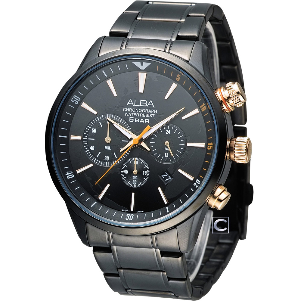 ALBA PRESTIGE 世界地圖經典計時腕錶(AT3629X1)-黑x玫瑰金/46mm