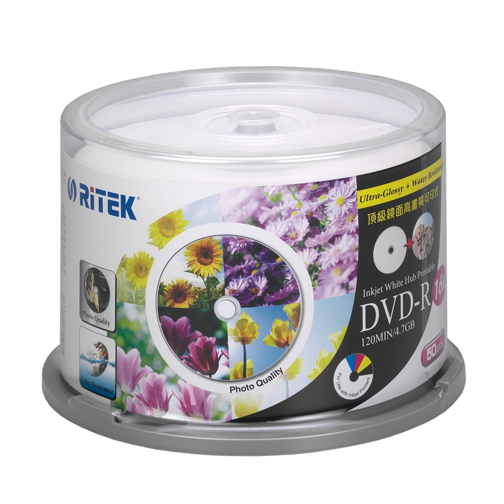 錸德 Ritek DVD-R 4.7GB 16X 頂級鏡面相片防水可列印式光 50P布丁桶