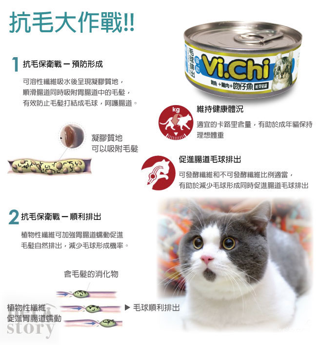 【pet story】寵愛物語 Vi.Chi維齊化毛 貓罐頭 鮪魚+雞肉+吻仔魚(24罐)