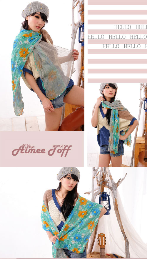 Aimee Toff 雙色花燦亮眼視覺造型圍巾(灰綠)