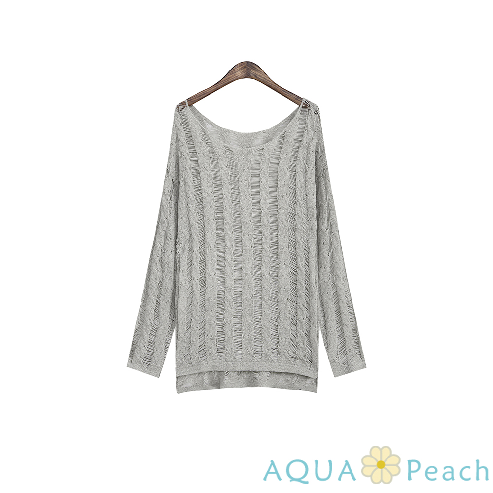 前短後長縷空長袖針織衫 (共二色)-AQUA Peach