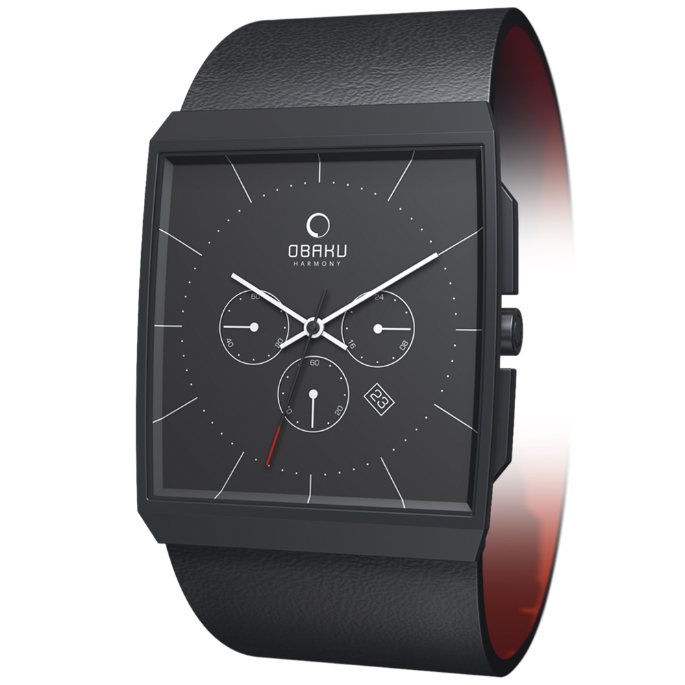OBAKU 沉靜簡約三眼四方腕錶-IP電鍍黑-37x43.5mm