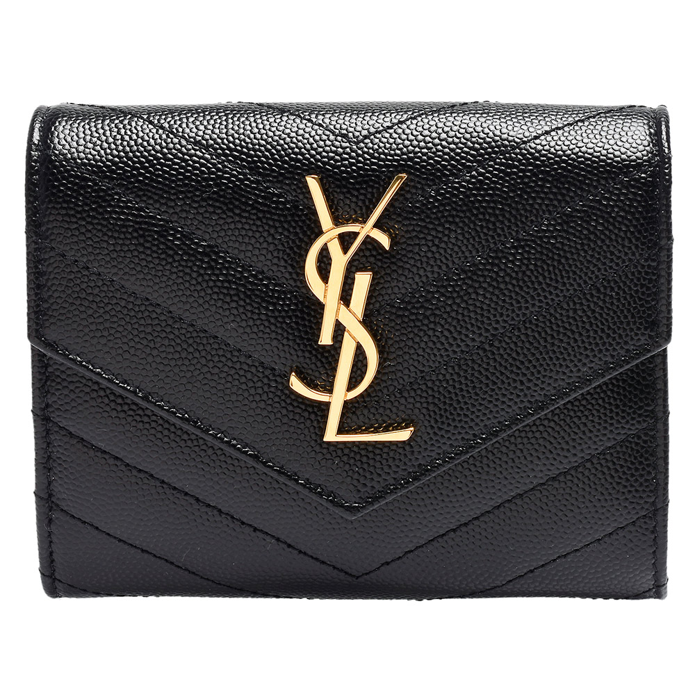 YSL MONOGRAM系列V字縫線魚子醬牛皮金色金屬LOGO暗釦三摺短夾(黑)