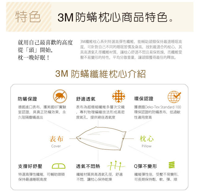 3M 德國進口表布100%防蹣枕心-支撐型加厚版(2入組)