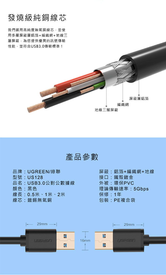 綠聯 USB3 A 公對公傳輸線 1.5M
