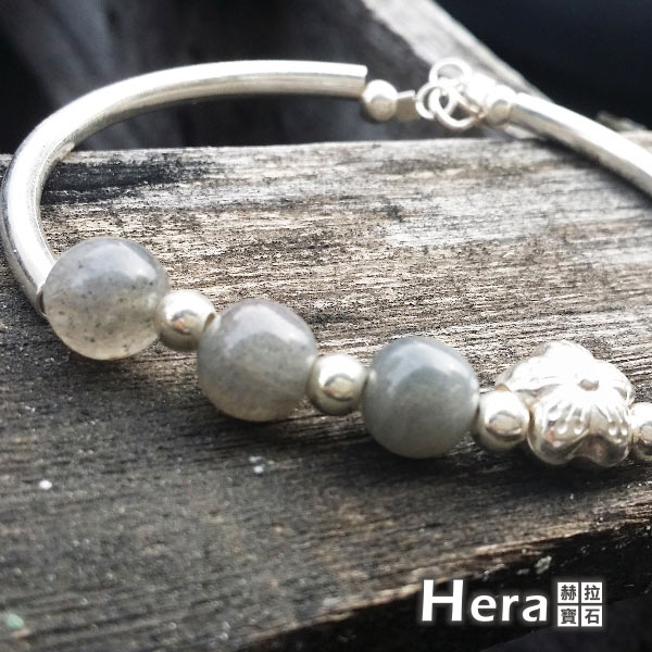 Hera 925純銀手作天然拉長石圓珠梅花手環/手鍊