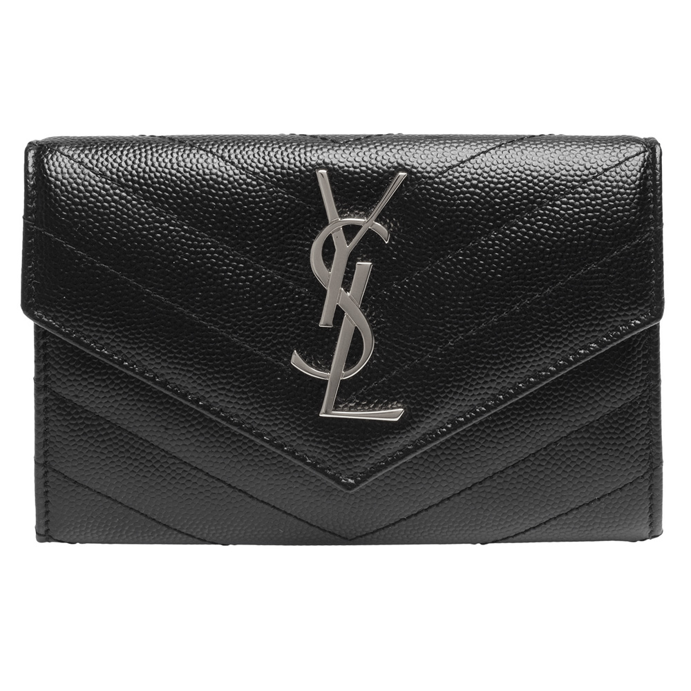 YSL MONOGRAM系列V字縫線魚子醬牛皮銀色金屬LOGO暗釦零錢包(黑)