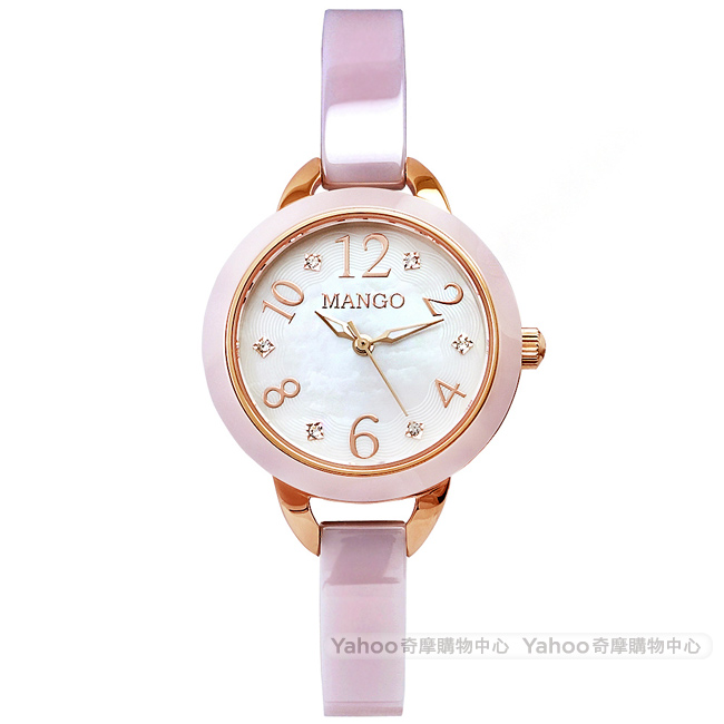 MANGO 優雅晶鑽珍珠貝陶瓷手錶-粉x玫瑰金/25mm