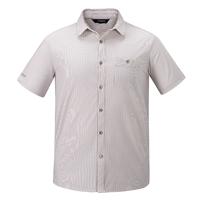 【ATUNAS 歐都納】男款休閒透氣吸濕排汗彈性短袖襯衫A1-S1801M白底灰條
