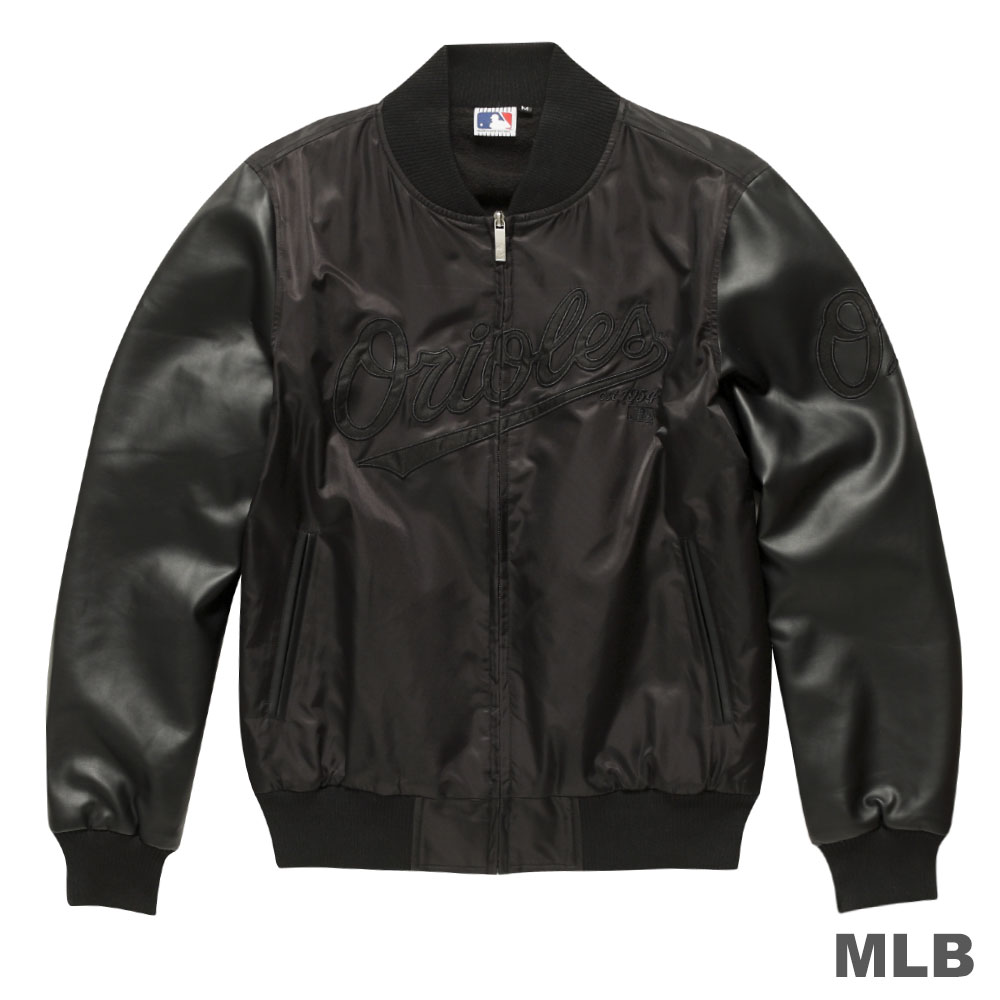 MLB-巴爾的摩金鶯隊風衣仿皮袖合身棒球外套-黑(男)
