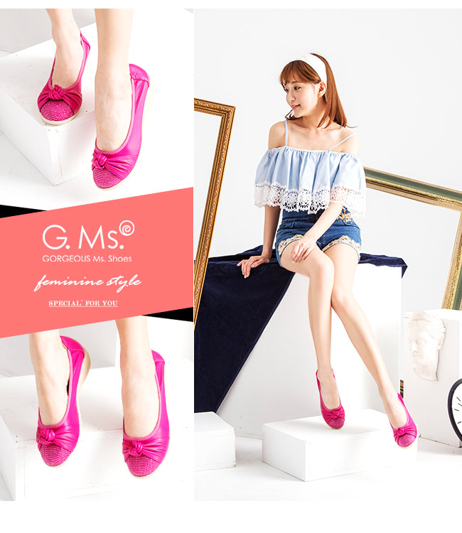 G.Ms. 牛皮燙鑽扭結坡跟鞋-桃紅