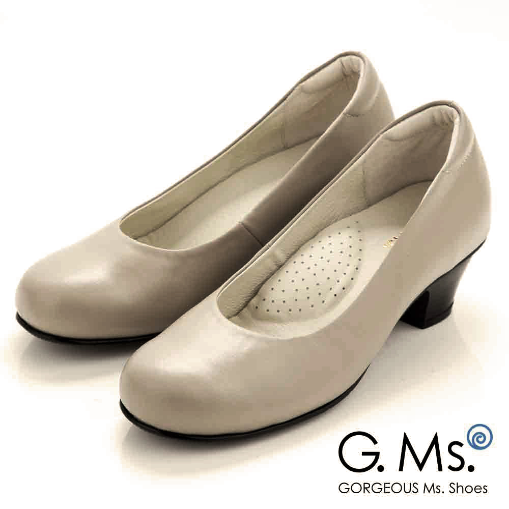 【G.Ms.】MIT系列‧通勤必備全真皮素面小粗跟鞋‧優雅米灰