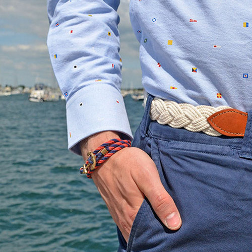 Kiel James Patrick 美國手工船錨大款珍珠 單圈手環手鍊-藍緞帶