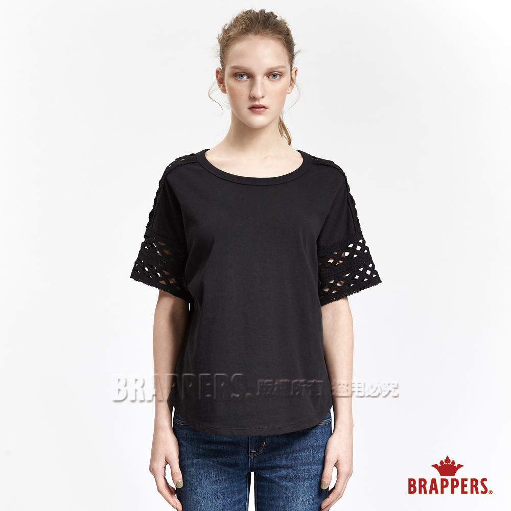 BRAPPERS 女款 簍空蕾絲袖棉質短袖上衣-黑