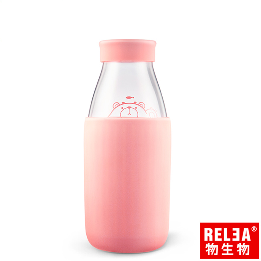 RELEA 物生物 耐熱玻璃帶蓋牛奶杯400ml(蜜桃粉)