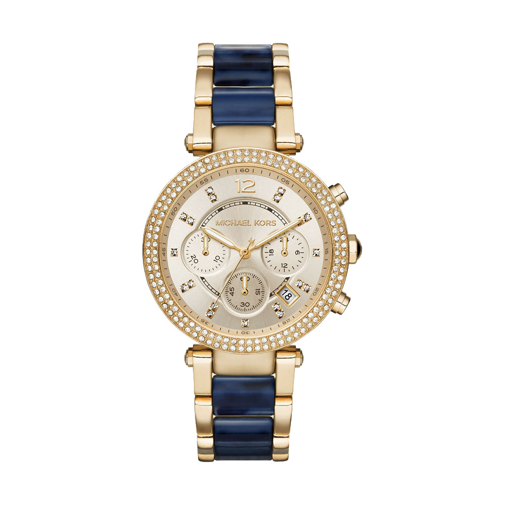 Michael Kors 奢華晶鑽計時錶-金x藍/39mm