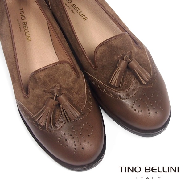 Tino Bellini 西班牙真皮雕花流蘇低跟樂福鞋_深咖