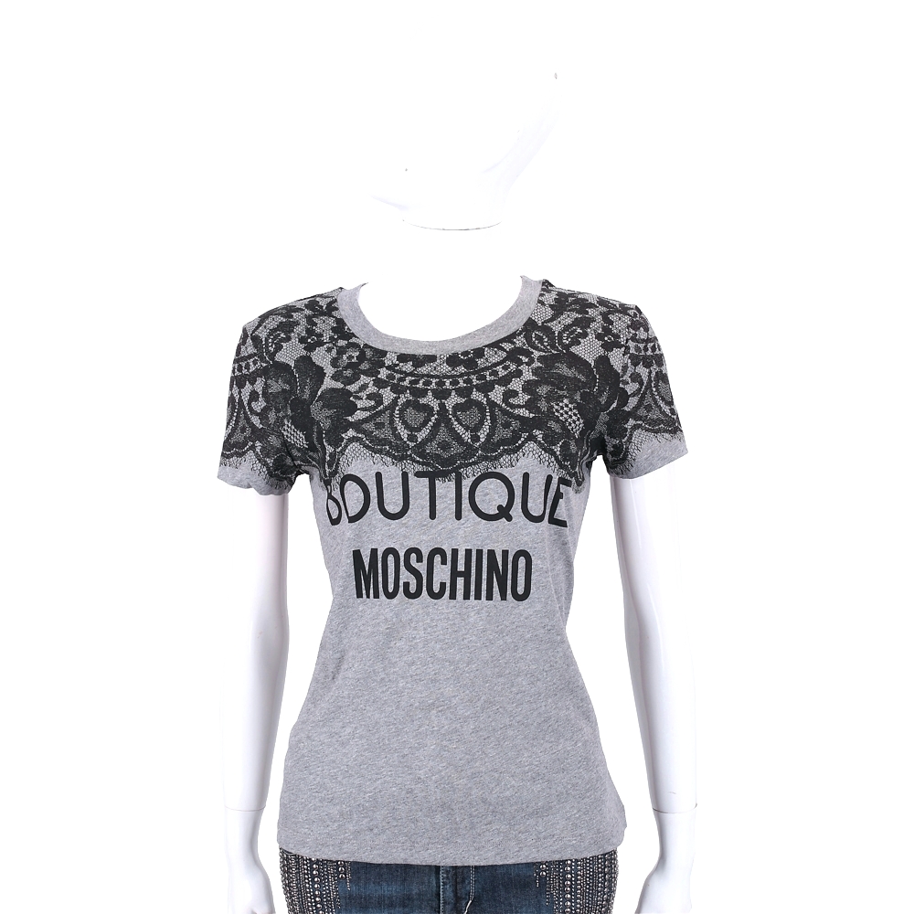 BOUTIQUE MOSCHINO 灰色蕾絲圖印字母LOGO棉質短袖T恤