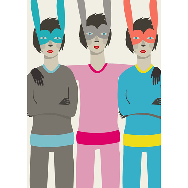 【摩達客】西班牙插畫家Judy Kaufmann海報掛畫-三胞胎兔面具(附簽名)(含木框)