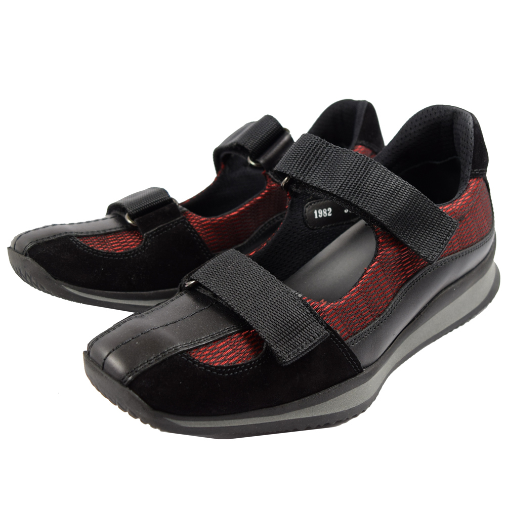 PRADA 時尚雙色拼接厚底休閒鞋.黑紅
