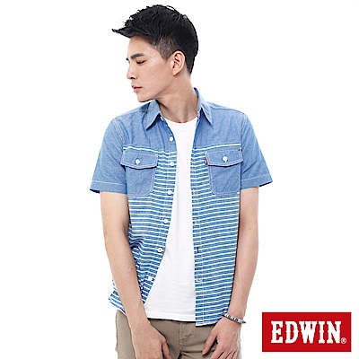 EDWIN  橫條剪接短袖襯衫-男-丈青