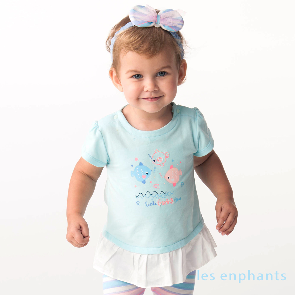 les enphants baby可愛魚兒荷葉拚接上衣 湖藍色