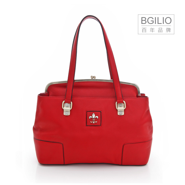 【義大利BGilio】- 經典復古雙圓五金釦牛皮手提包(大款) - 紅色 1700.001