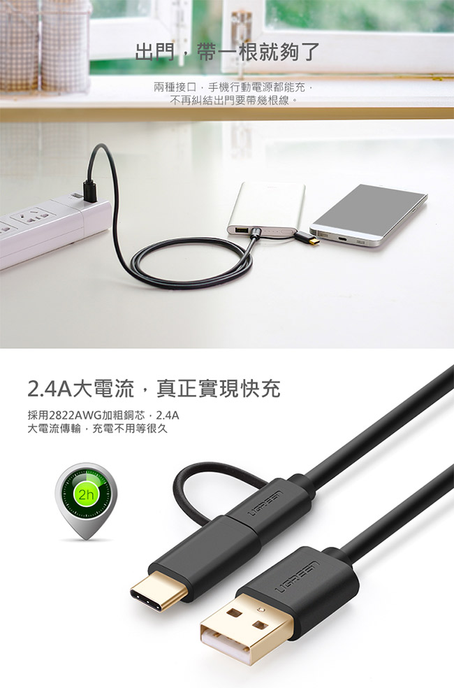 綠聯 Micro USB Type-C兩用傳輸線-1.5M