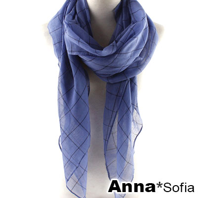 AnnaSofia 方格續線 巴黎紗披肩圍巾(紫藍系)