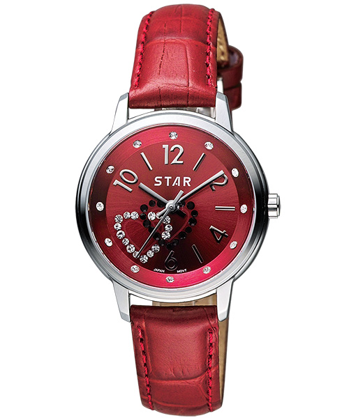 STAR 愛戀雙心晶鑽甜蜜女錶-紅/皮帶/30mm