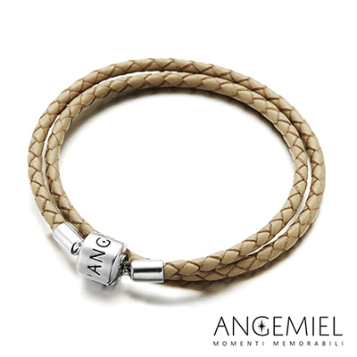 Angemiel安婕米 義大利純銀珠飾 雙圈皮革手環(米色)