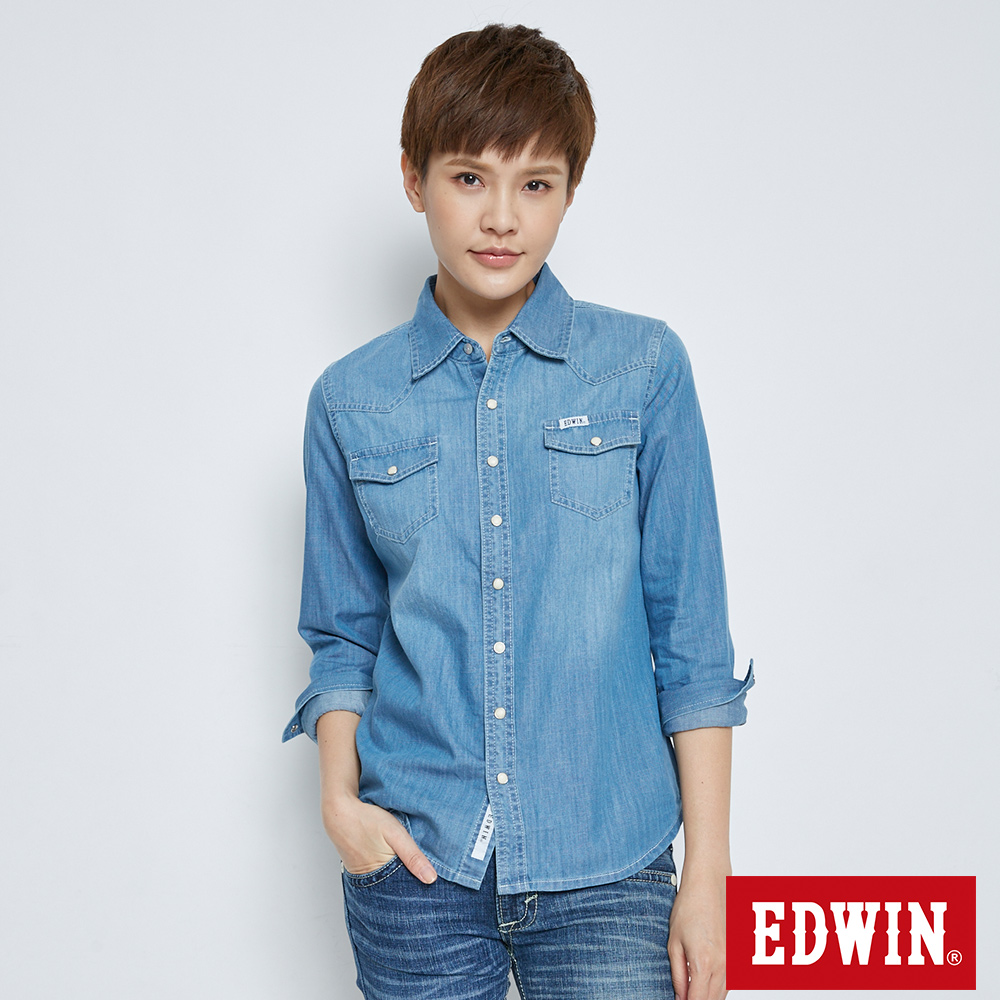 EDWIN 基本款長袖牛仔襯衫-女-拔洗藍