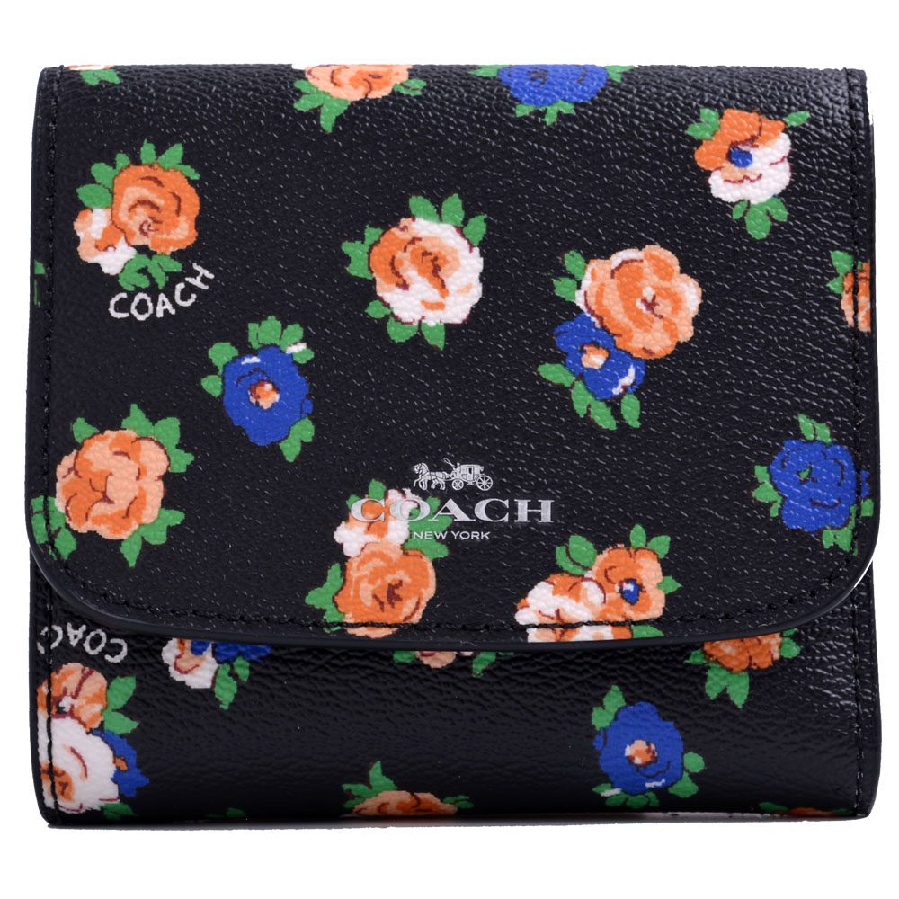 COACH 燙銀LOGO花卉點綴防刮皮革釦式三折短夾-黑/花色