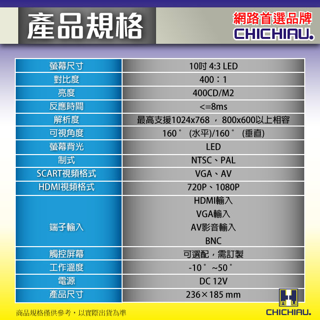 【CHICHIAU】10吋LED液晶螢幕顯示器(AV、BNC、VGA、HDMI四合一)