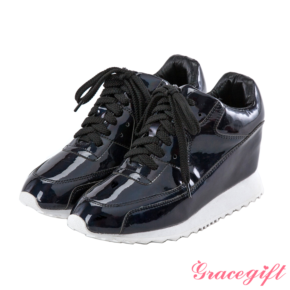 Grace gift-鏡面漆皮內增高運動休閒鞋 黑五彩