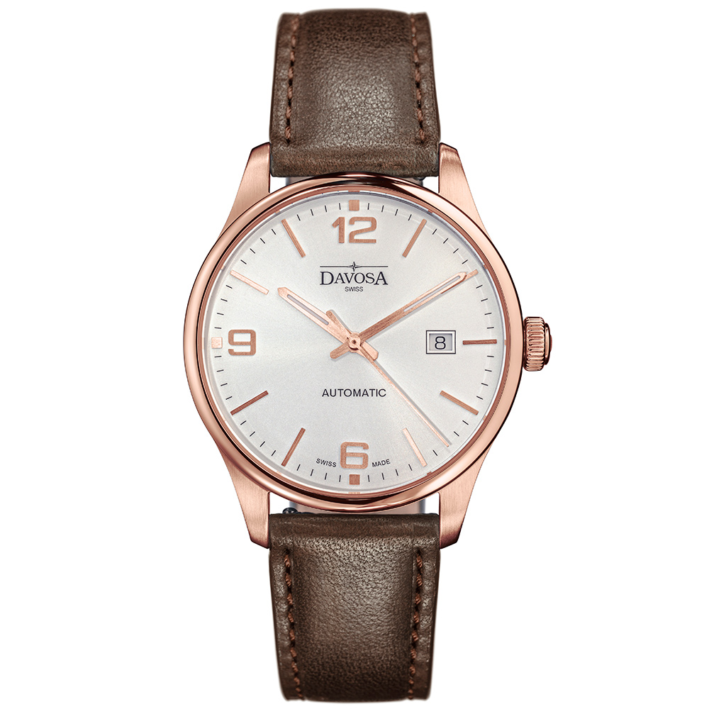 DAVOSA Gentlemen 現代經典紳士系列18K金色腕錶-白面/咖啡皮帶/40mm