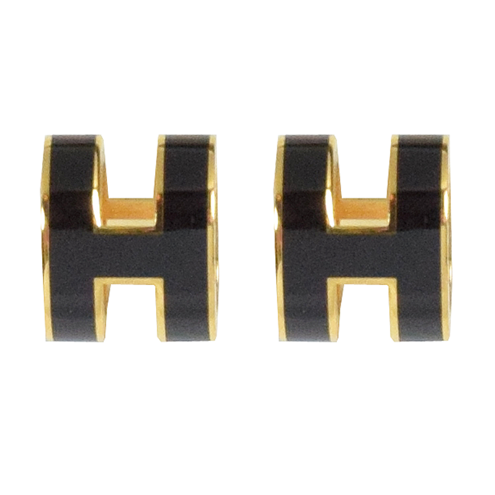 HERMES H POP款LOGO圓弧型耳針式耳環(黑/金)