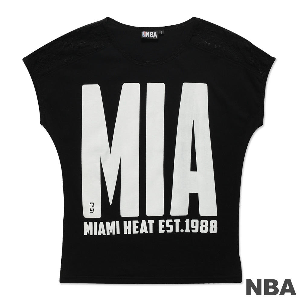 NBA-邁阿密熱火隊飛鼠蕾絲袖寬鬆T恤-黑(女)