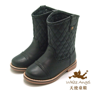 天使童鞋-D0391 時尚格菱紋筒靴(中-大童)-紳士黑