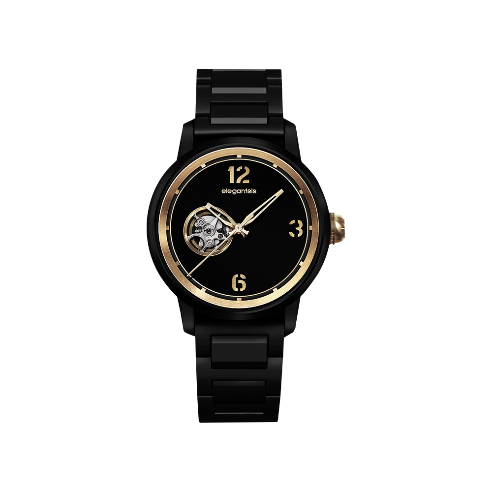 elegantsis GOLDEN FASHION JT75A鏤空機械錶-黑金/43mm