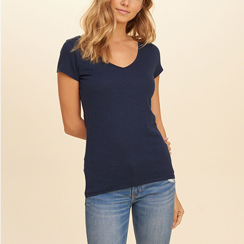 Hollister 經典海鷗刺繡V領短袖T恤(女)-深藍色 HCO