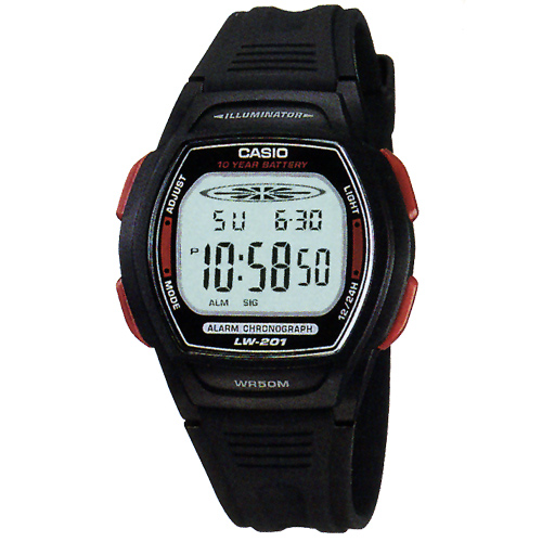 CASIO 10年電量電子運動錶(LW-201-4A)-紅按鍵