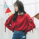 圓領鏤空拼接長袖上衣 (紅色)-Kugi Girl product thumbnail 1
