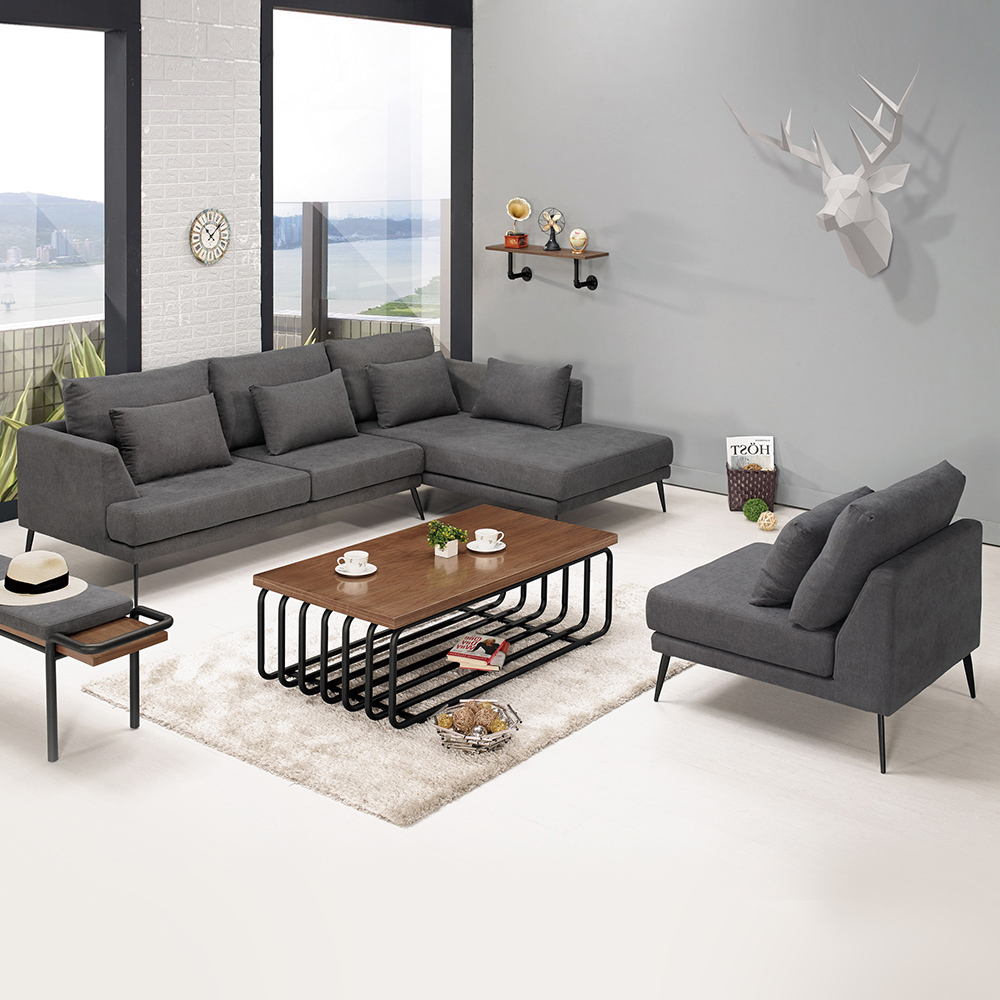 Boden-妮瑞莎L型灰色布沙發椅+單人沙發椅組合(送抱枕)(左右型可選)