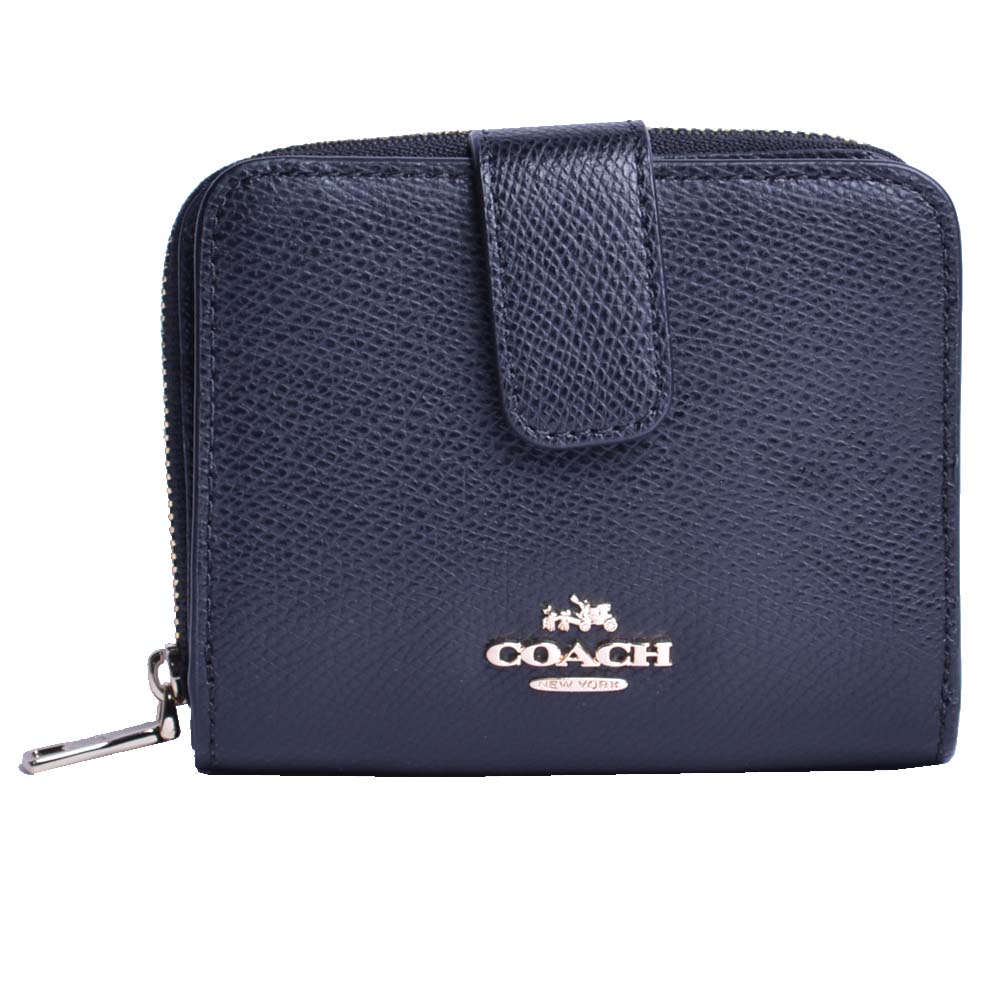 COACH 立體馬車LOGO防刮全荔枝紋皮革釦式雙層短夾 (經典黑)