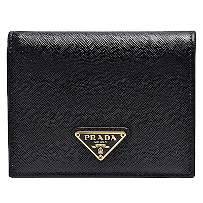 PRADA 普拉達 SAFFIANO TRIANG系列金色三角LOGO防刮牛皮暗釦短夾(黑)