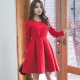 花紋收腰立體壓摺裙長袖洋裝(紅色)-Kugi Girl product thumbnail 1