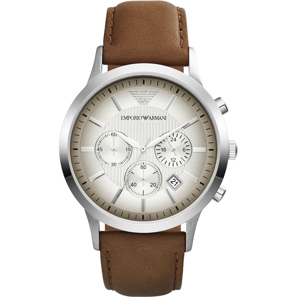 ARMANI Classic 義式三眼計時腕錶-銀灰x咖啡色錶帶/43mm